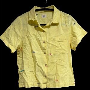 Marine Layer Yellow Top with Colorful Greeting words. Gently Used.